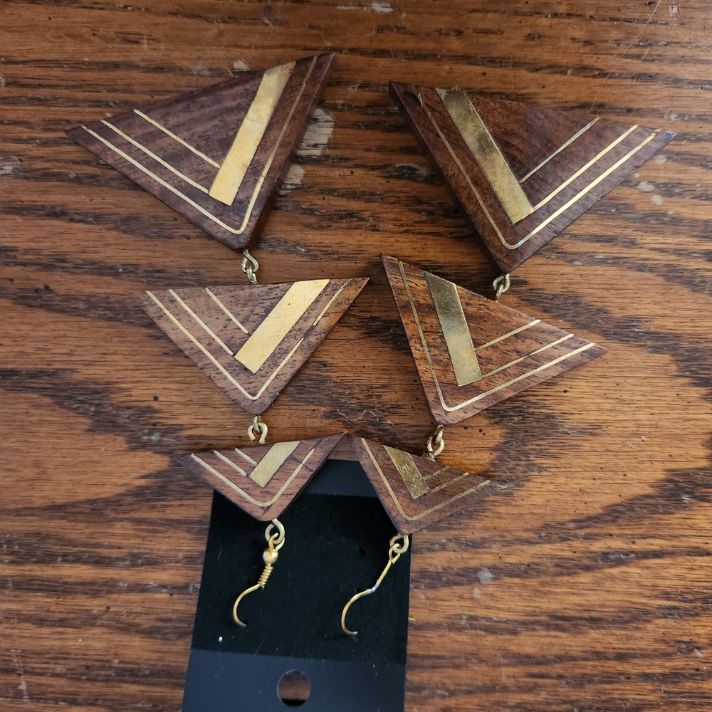 Triangular Wooden Earrings with Gold Detailing